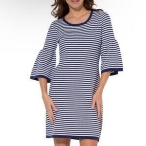 Sail to Sable Bell Sleeve Knit Dress Large Navy White Striped 3/4 nautical